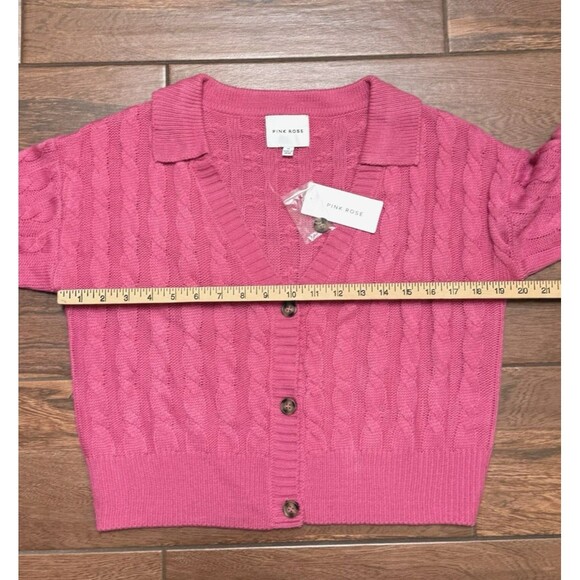 Pink Womens Cropped Cable Knit Cardigan Button-Up Barbiecore Rose Sz M NWT - Picture 5 of 7